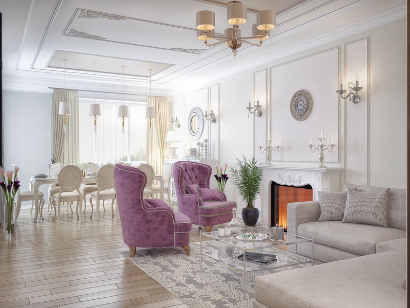 Светлая гостиная с лавандовыми акцентами - Дизайн дома для двух семей, Комарово