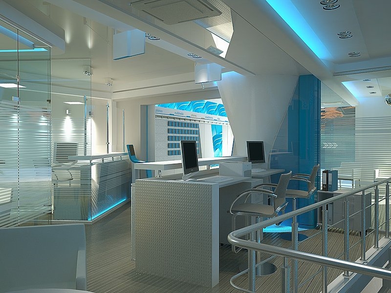 Офисные стеклянные перегородки - Дизайн интерьера офиса в синих тонах