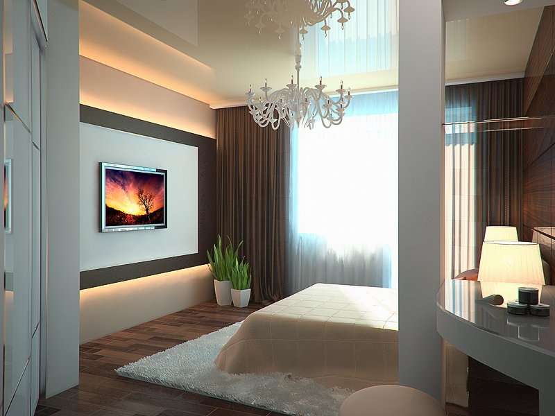 Спальня с белым глянцевым потолком - Дизайн интерьера квартиры г. Тюмень ул. Малыгина