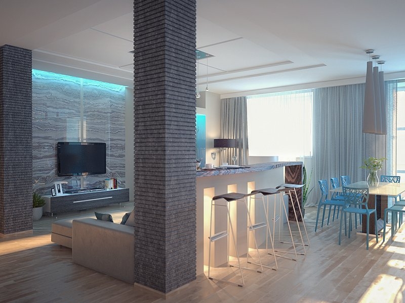 Кухня-гостиная с колоннами - Дизайн интерьера квартиры г. Тюмень ул. Пржевальского