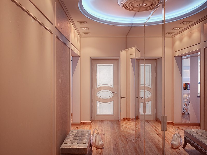 Коридор со встроенным шкафом с зеркальными дверями - Дизайн интерьера квартиры г. Тюмень ул. Ямская
