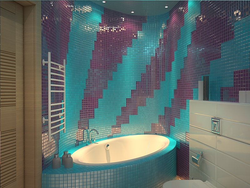 Ванная комната с ванной облицованной мозаикой - Дизайн интерьера квартиры г. Тюмень ул. Ямская-Болотникова