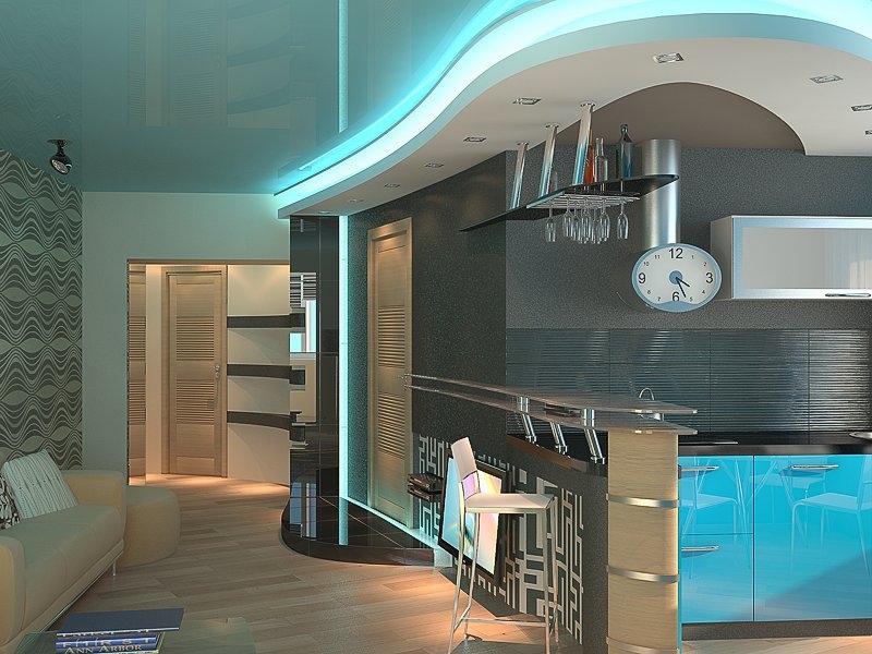 Кухня с подсветкой в подвесном потолке - Дизайн интерьера квартиры г. Тюмень ул. Ямская-Болотникова