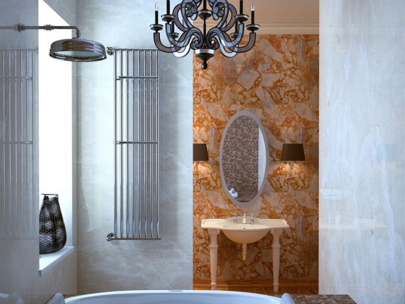Ванная с сочетанием керамогранита на стенах - Дизайн интерьера коттеджа г. Омск
